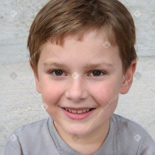 Joyful white child male with short  brown hair and brown eyes