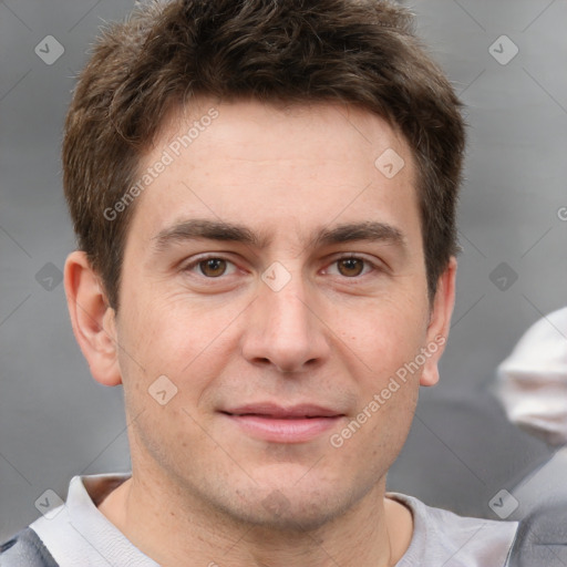 Joyful white adult male with short  brown hair and grey eyes