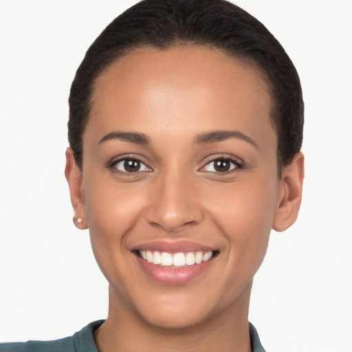 Joyful white young-adult female with short  brown hair and brown eyes