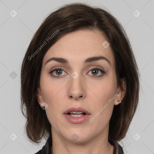 Neutral white young-adult female with medium  brown hair and brown eyes