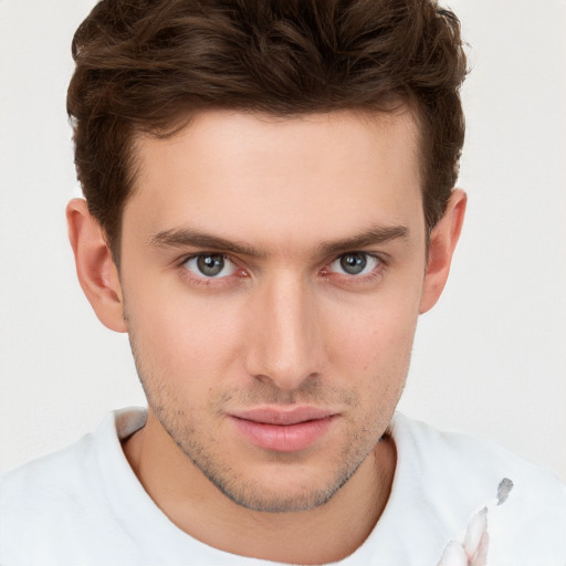 Neutral white young-adult male with short  brown hair and brown eyes