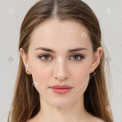 Neutral white young-adult female with long  brown hair and brown eyes