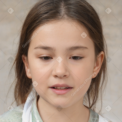 Joyful white child female with medium  brown hair and brown eyes