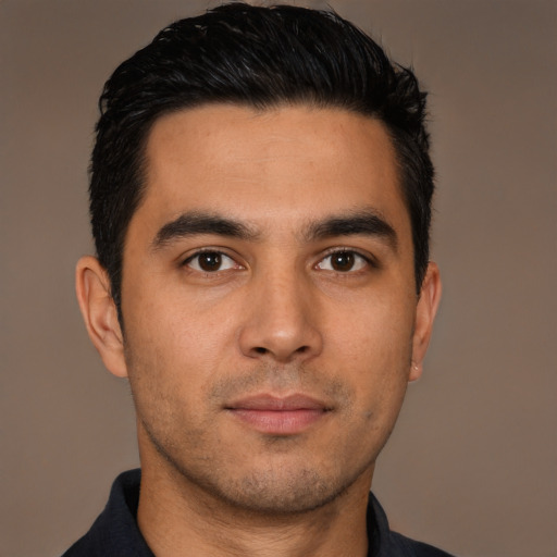 Neutral white young-adult male with short  black hair and brown eyes