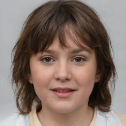 Joyful white child female with medium  brown hair and brown eyes