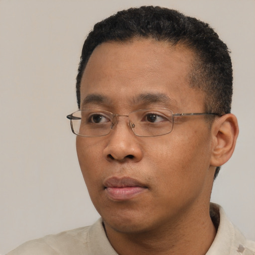 Neutral black adult male with short  black hair and brown eyes
