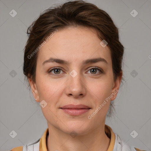 Joyful white young-adult female with medium  brown hair and grey eyes