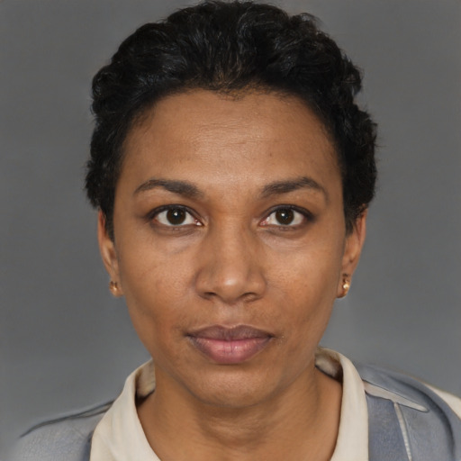 Neutral black adult female with short  black hair and brown eyes