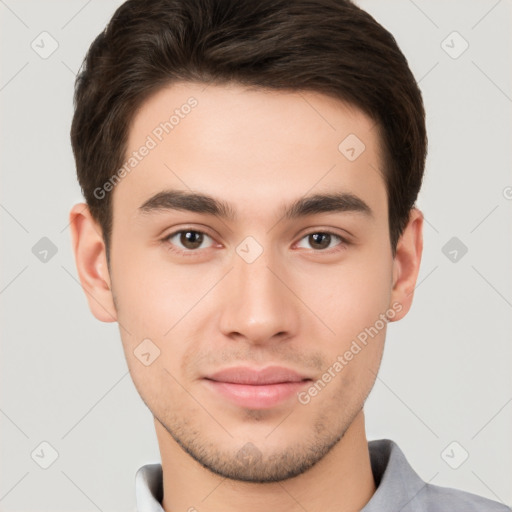 Neutral white young-adult male with short  brown hair and brown eyes