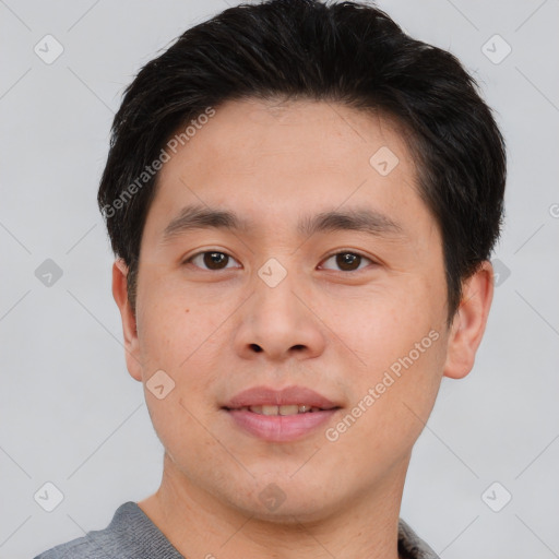 Neutral asian young-adult male with short  brown hair and brown eyes