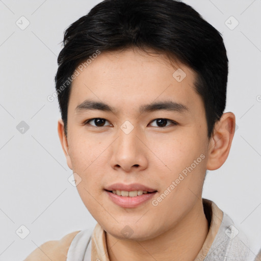 Neutral asian young-adult male with short  black hair and brown eyes