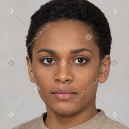 Neutral latino young-adult female with short  black hair and brown eyes