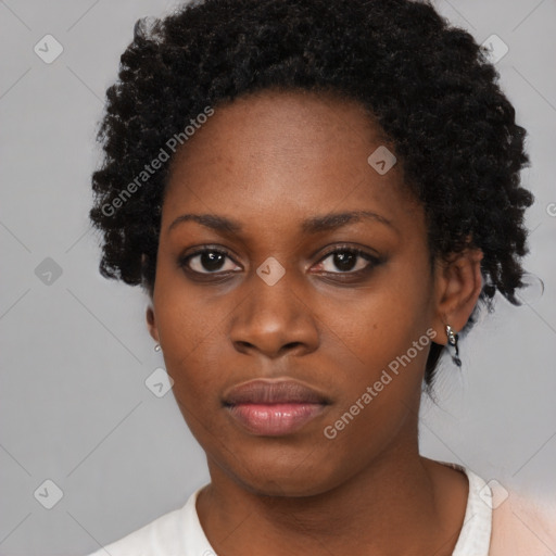 Neutral black young-adult female with short  black hair and brown eyes