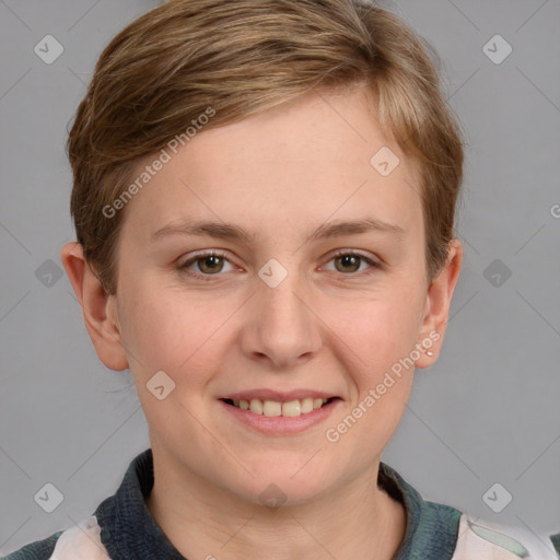 Joyful white young-adult female with medium  brown hair and grey eyes