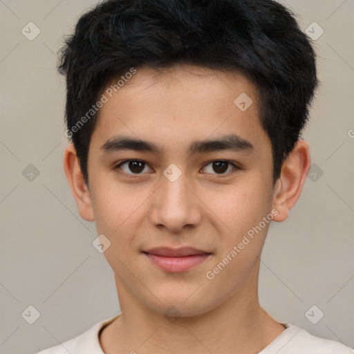 Joyful latino young-adult male with short  brown hair and brown eyes