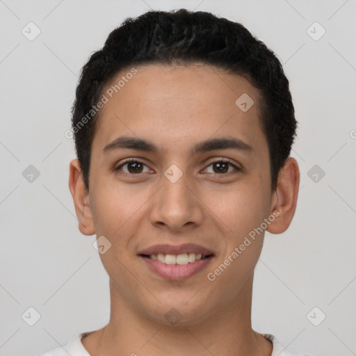 Joyful latino young-adult male with short  black hair and brown eyes