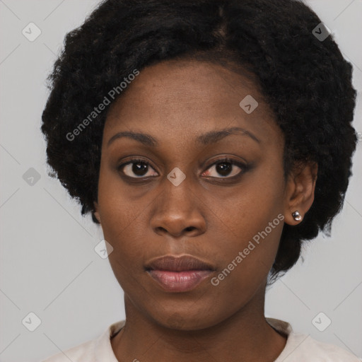 Neutral black young-adult female with short  black hair and brown eyes