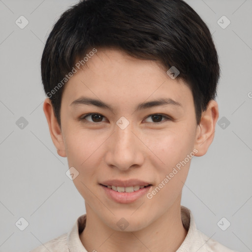 Joyful white young-adult female with short  brown hair and brown eyes