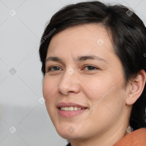 Joyful white young-adult female with medium  brown hair and brown eyes