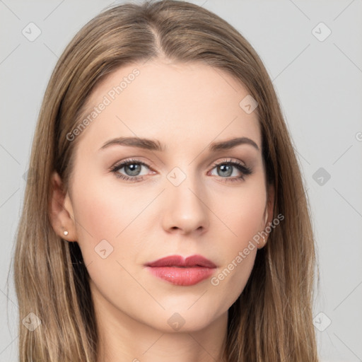 Neutral white young-adult female with long  brown hair and grey eyes