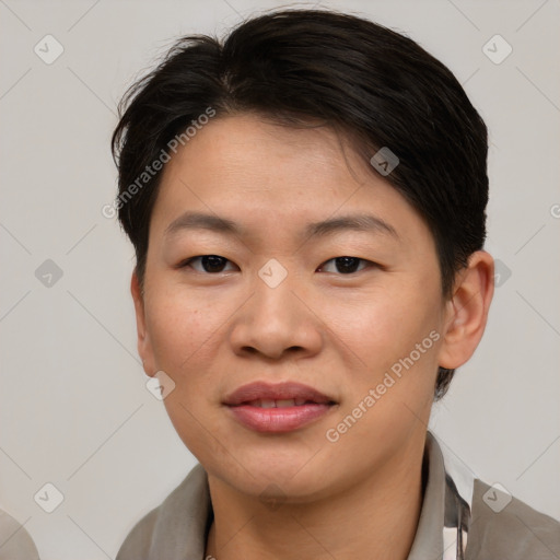 Joyful asian young-adult female with short  brown hair and brown eyes