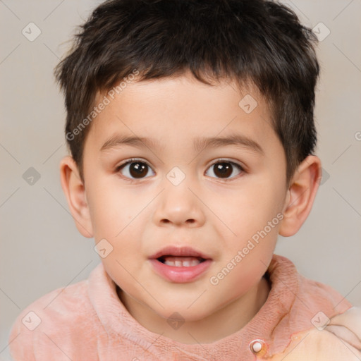 Joyful white child male with short  brown hair and brown eyes