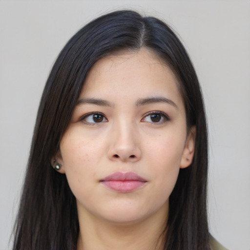 Neutral asian young-adult female with long  brown hair and brown eyes