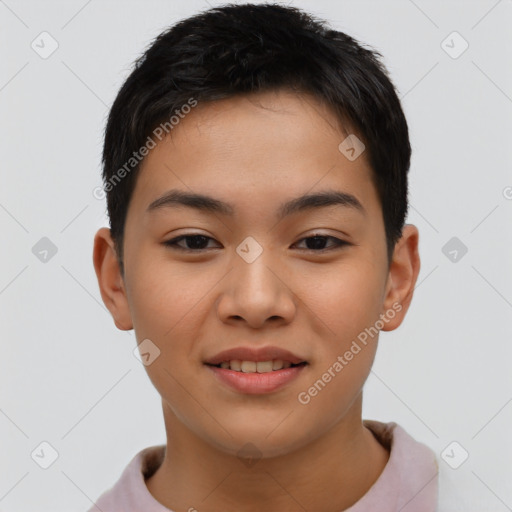 Joyful asian young-adult female with short  brown hair and brown eyes