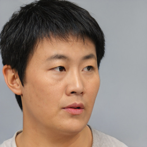 Neutral asian young-adult male with short  brown hair and brown eyes