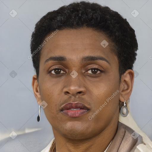 Neutral black young-adult female with short  brown hair and brown eyes