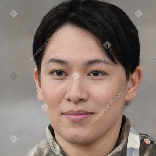 Joyful asian young-adult female with short  brown hair and brown eyes