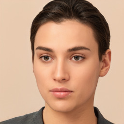 Neutral white young-adult female with short  brown hair and brown eyes