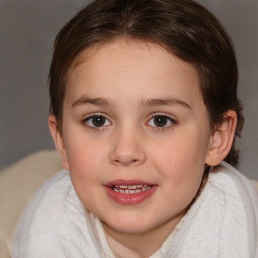 Joyful white child female with medium  brown hair and blue eyes