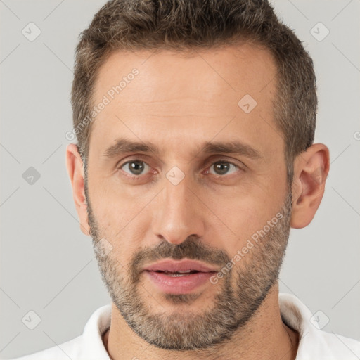 Joyful white adult male with short  brown hair and brown eyes