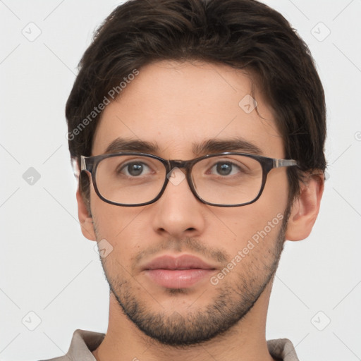 Neutral white young-adult male with short  brown hair and brown eyes