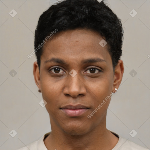 Neutral black young-adult male with short  black hair and brown eyes