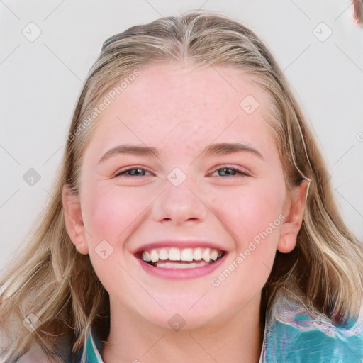 Joyful white child female with medium  brown hair and blue eyes