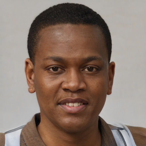 Joyful black young-adult male with short  brown hair and brown eyes