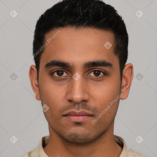 Neutral latino young-adult male with short  black hair and brown eyes