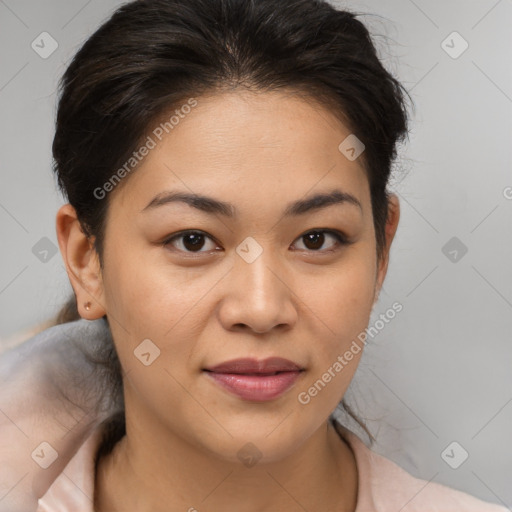 Joyful latino young-adult female with medium  brown hair and brown eyes