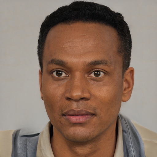Neutral black adult male with short  black hair and brown eyes