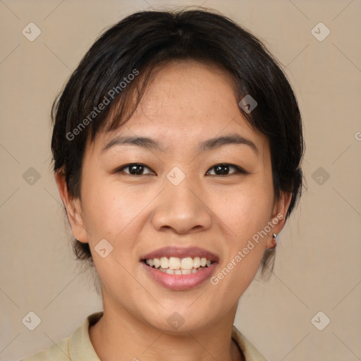 Joyful white young-adult female with medium  brown hair and brown eyes