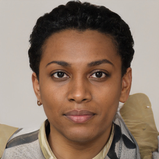 Neutral latino young-adult female with short  black hair and brown eyes