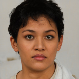 Neutral asian young-adult female with short  brown hair and brown eyes