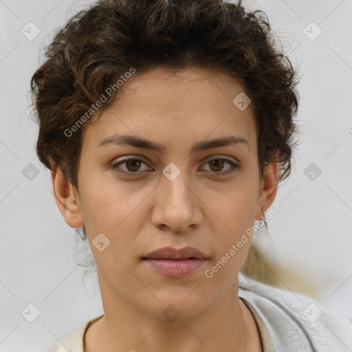 Neutral white young-adult female with short  brown hair and brown eyes