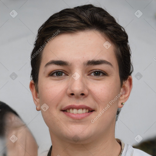 Joyful white young-adult female with short  brown hair and brown eyes