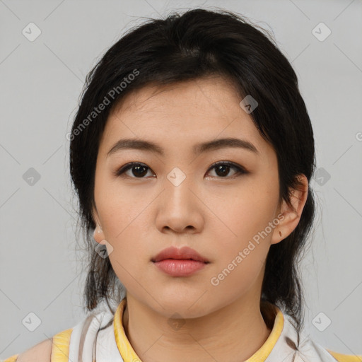 Neutral asian young-adult female with medium  black hair and brown eyes