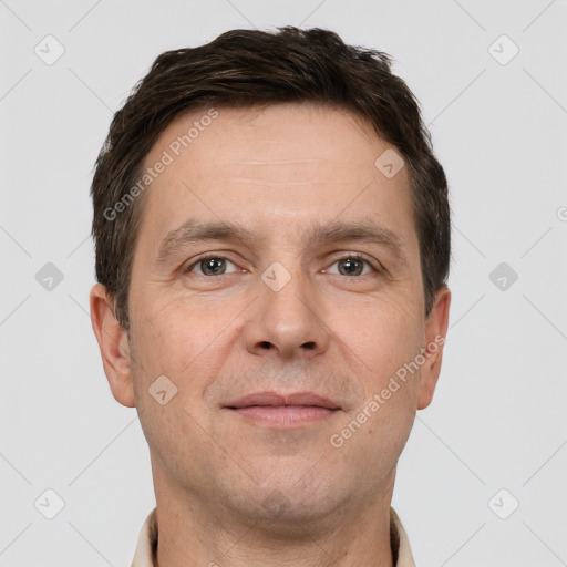 Neutral white adult male with short  brown hair and brown eyes