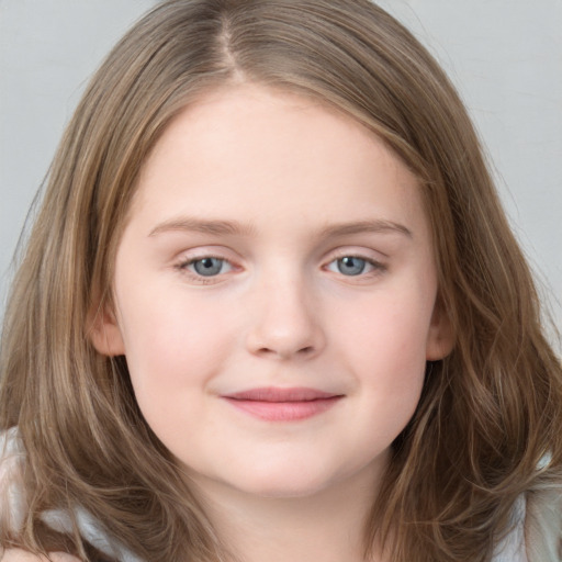 Joyful white child female with long  brown hair and grey eyes