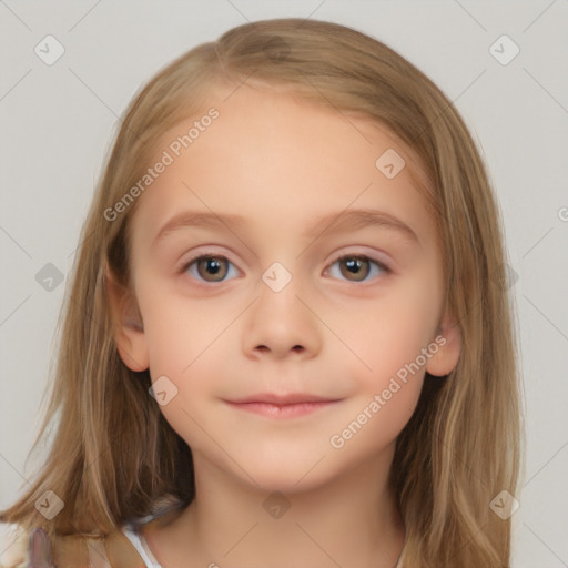 Neutral white child female with medium  brown hair and blue eyes